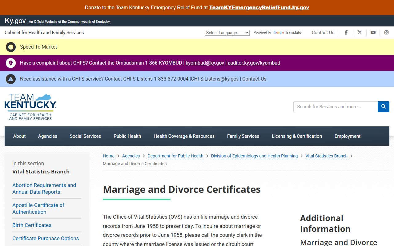 Cumberland County marriage and divorce records Kentucky Vital Statistics certificate page