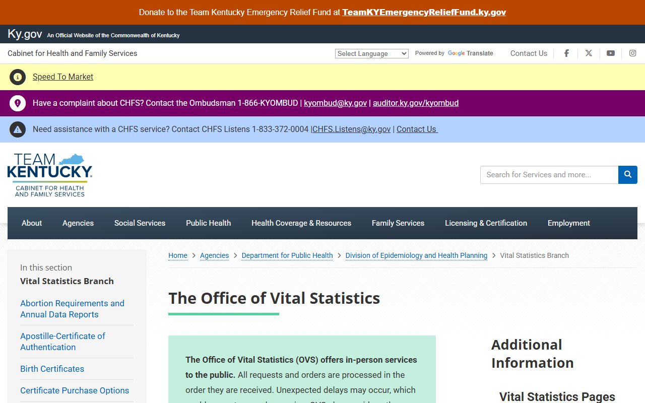 Cumberland County marriage and divorce records Kentucky Vital Statistics landing page